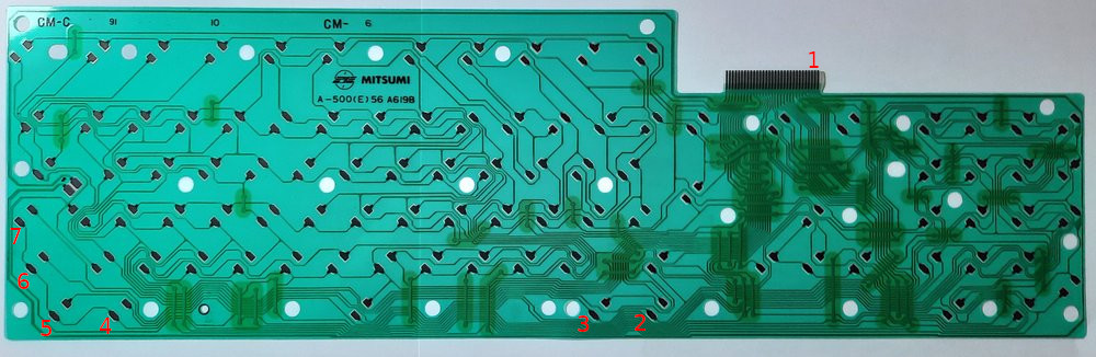 Amiga 500 keyboard membrane with numbers on one of the traces