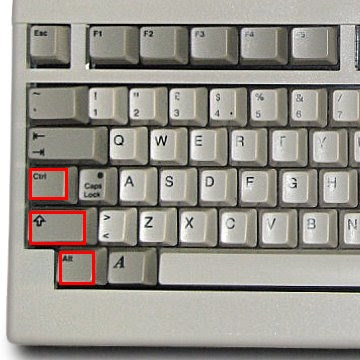 The left side of an Amiga keyboard with the Ctrl, Shift and Alt keys highlighted