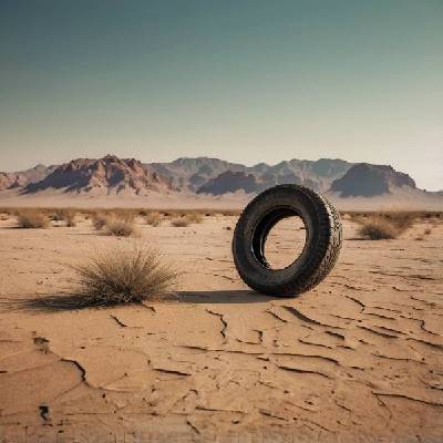 Single tire upright in the desert